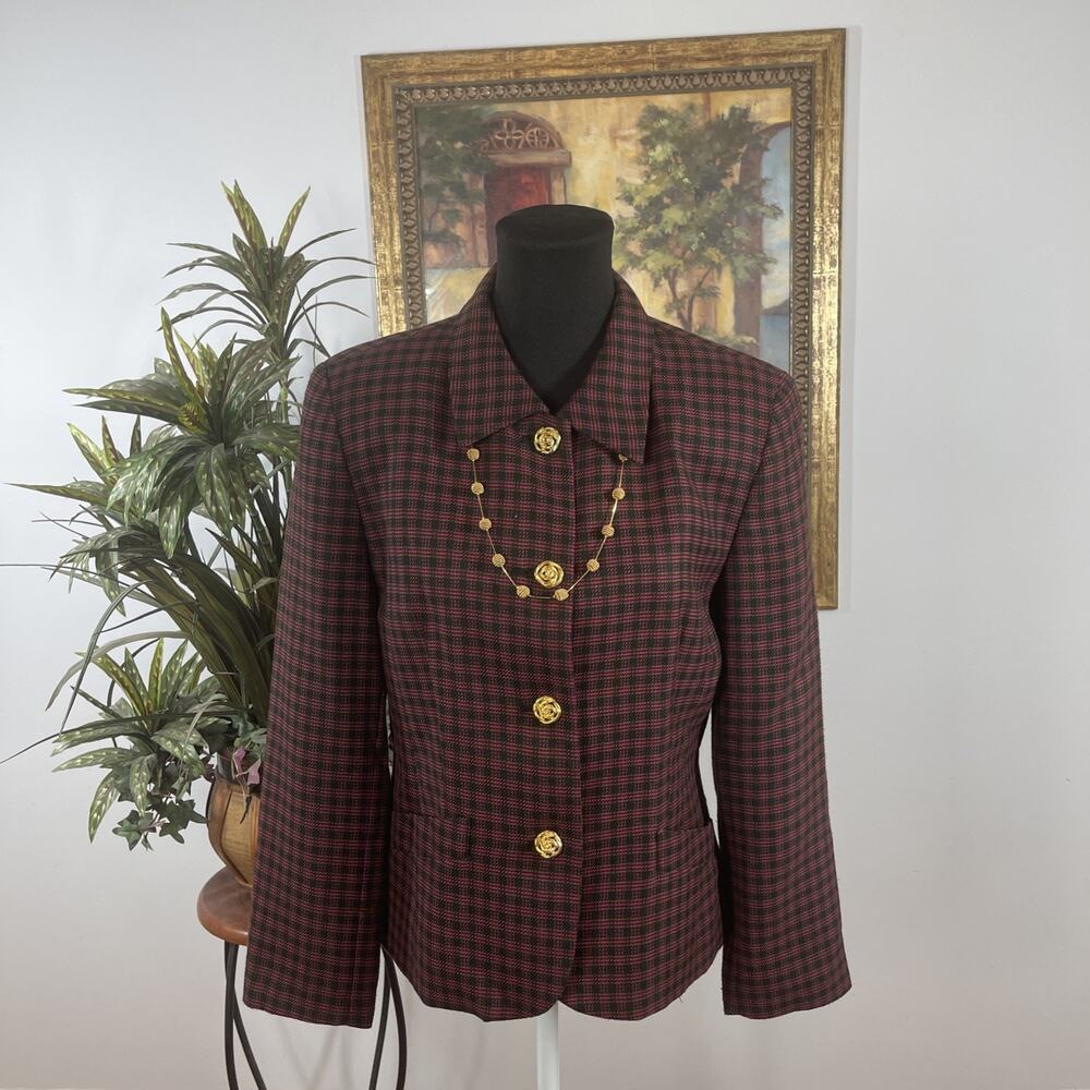 SBS Collection Women Blazer Size 10 Burgundy Plaid‎ Gold Button Career Jacket